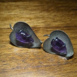 Vintage Mexico Taxco Signed Screw Back Earrings Leaf Apple Purple Stones Silver